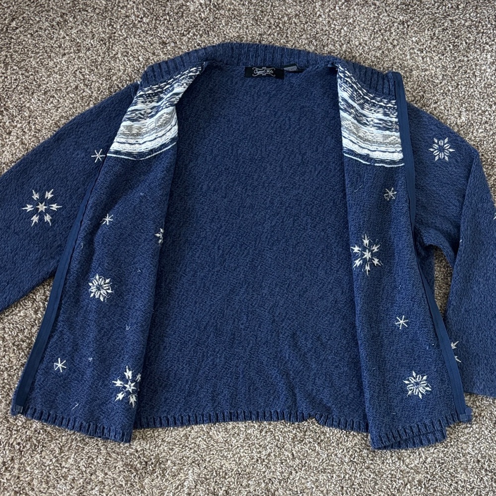Vintage Women's Funnel neck Blue Snowflake Cardigan Size M Ramie/Cotton blend - Picture 9 of 11